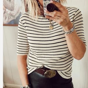 En Crème Cream/Black Stripe Boatneck 3/4 sleeve knit top, one size (S-M)